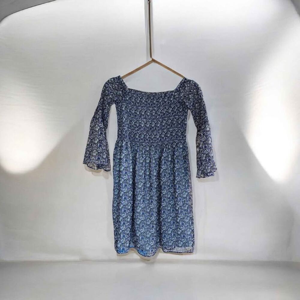 Sam Edelman blue floral smocked square neck bell sleeve dress